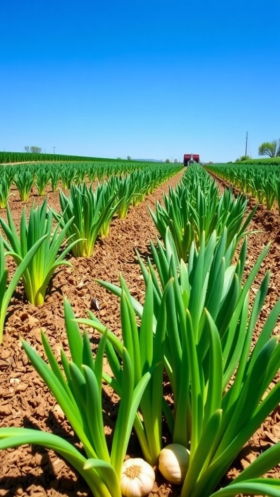 Healthy garlic plants growing in a garden under sunny skies, ready for harvest.